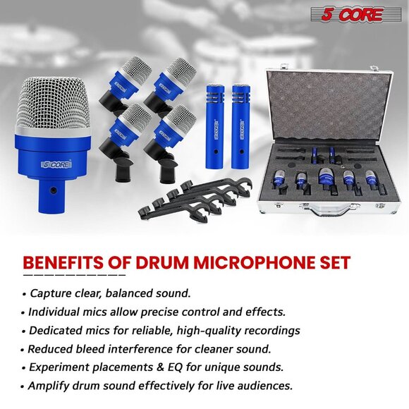 5Core Drum Mic Kit 7Pcs Kick Tom Snare Dynamic Microphone Instrument Mics Set - Picture 4 of 10